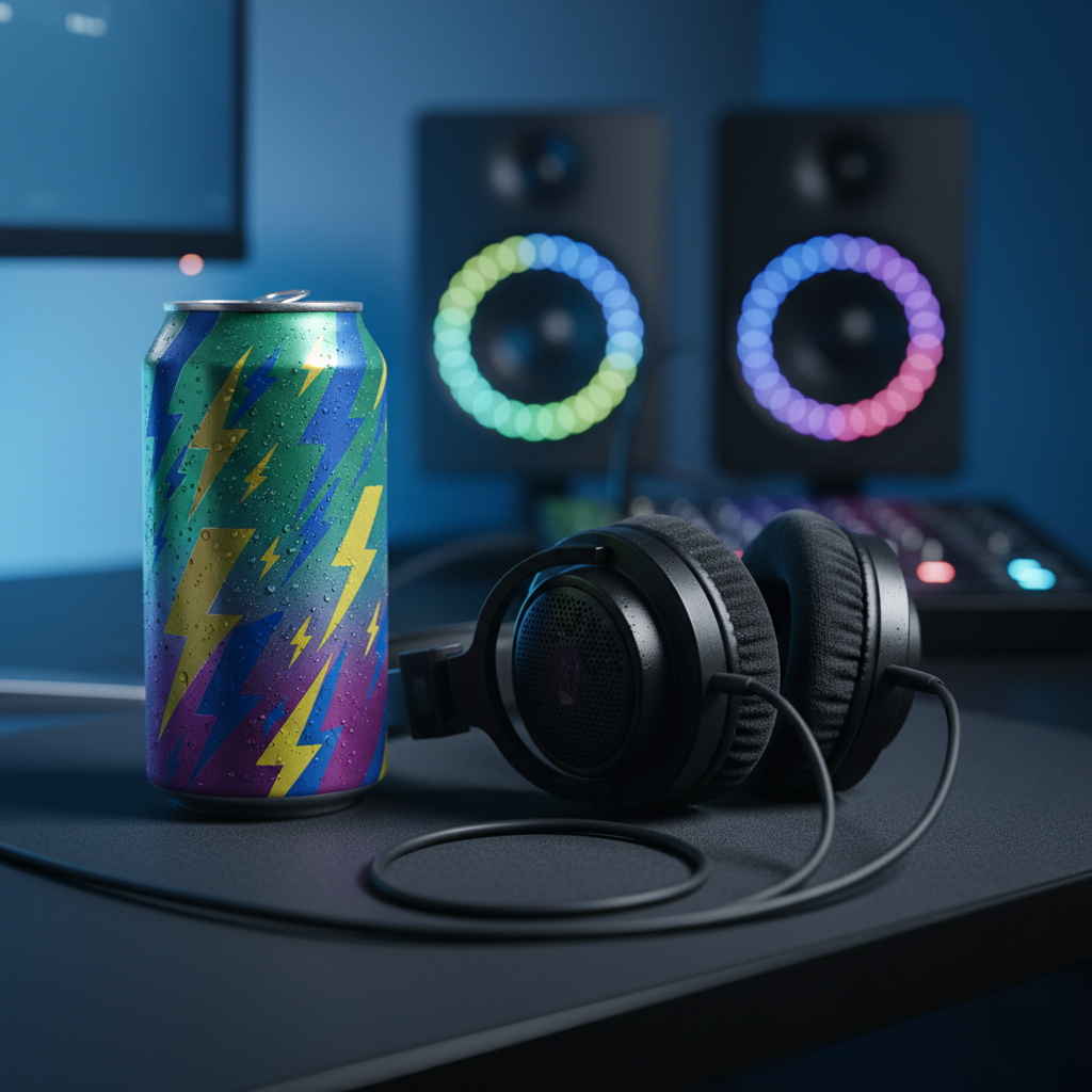 A close-up, photographic realism shot of an unopened, vividly colored energy drink can standing beside a pair of well-worn studio headphones on a matte black desk. The can features bold, abstract lightning graphics and condensation droplets beading on its metallic surface, while the headphones show soft, textured ear cushions and a coiled cable curling toward a blurred audio interface. Cool, diffused evening light from a nearby monitor casts subtle blue highlights and gentle shadows, creating a modern, techy glow. Captured at eye level with a shallow depth of field, the can and headphones are in razor-sharp focus against a soft bokeh of LED-lit speakers. The mood is playful, energetic, and slightly rebellious, perfectly blending music and caffeine culture in a contemporary, minimalist workspace.